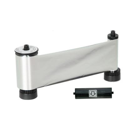 IDP 659373 metallic silver ribbon unwound between its supply and take-up spools, with the cleaning roller below