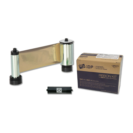 IDP 659374 MG metallic gold resin ribbon roll with its disposable cleaning roller and SMART-31 and SMART-51 ribbon box