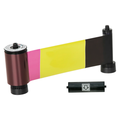 A spooled ribbon cartridge featuring segments of magenta, yellow, and black color bands beside a black plastic piece marked with a downward arrow symbol. The IDP 659376 YMCKOK Color Ribbon, which prints up to 200 cards, is compatible with SMART-31 and SMART-51 card printers, making it perfect for dual-sided card printing.
