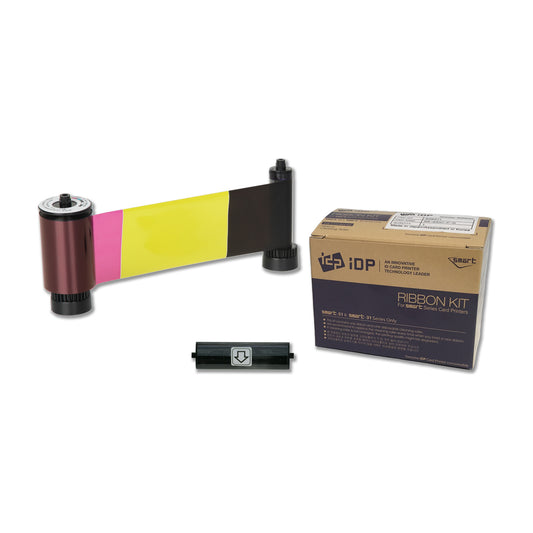IDP 659376 YMCKOK ribbon roll showing magenta, yellow and black panels, with its disposable cleaning roller and SMART-31 and SMART-51 ribbon box