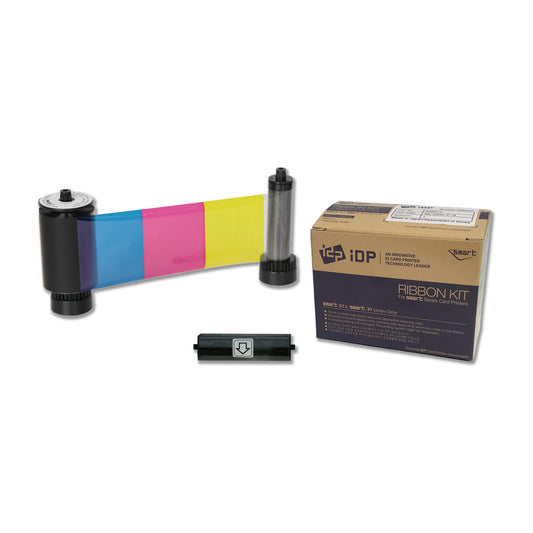 IDP 659378 ymcKO half-panel ribbon roll with short cyan, magenta and yellow panels, its disposable cleaning roller and SMART-31 and SMART-51 ribbon box