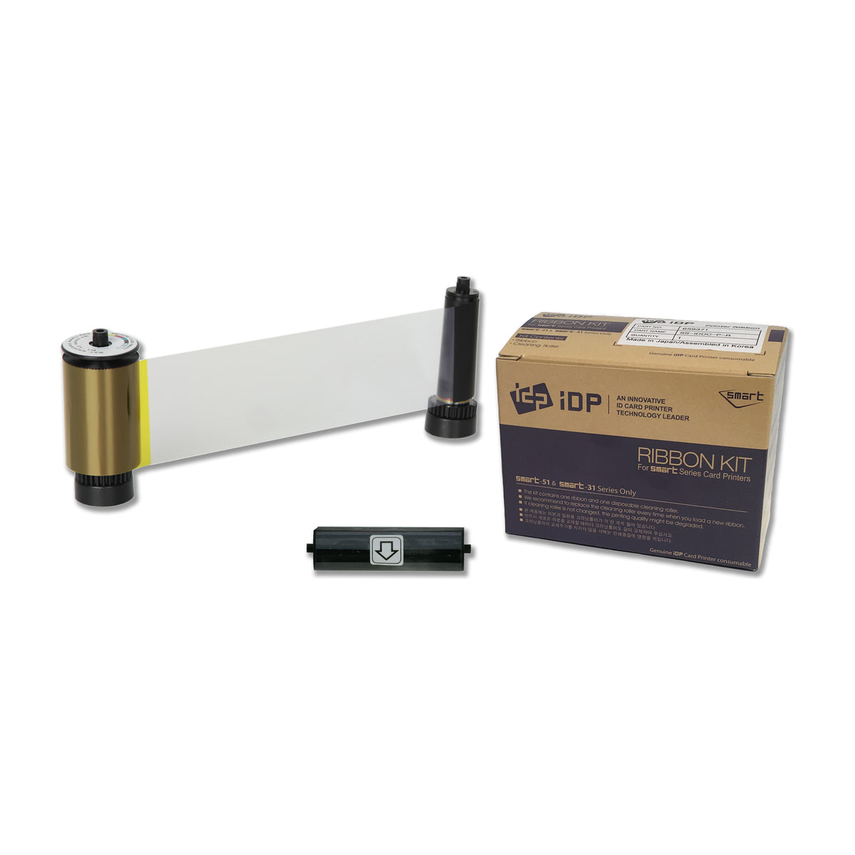 IDP 659380 YMCFKO ribbon roll with the clear fluorescent and overlay film exposed, its disposable cleaning roller and SMART-31 and SMART-51 ribbon box
