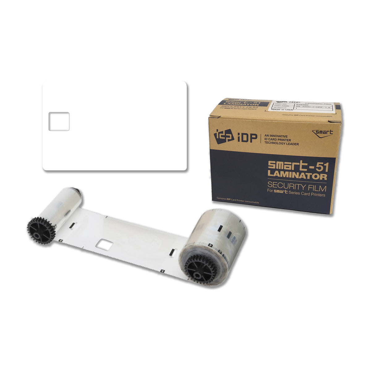 IDP 659398 clear smart cut patch laminate roll showing the chip cutout in the film, a sample card with a chip opening and the SMART-51 Laminator Security Film box