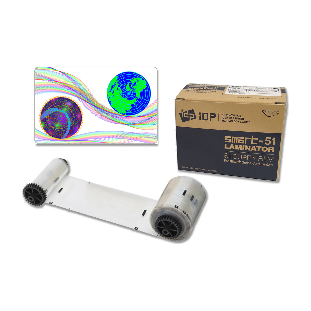 IDP 659405 Celestial hologram patch laminate roll with a sample card showing a globe and swirling holographic pattern, and the SMART-51 Laminator Security Film box