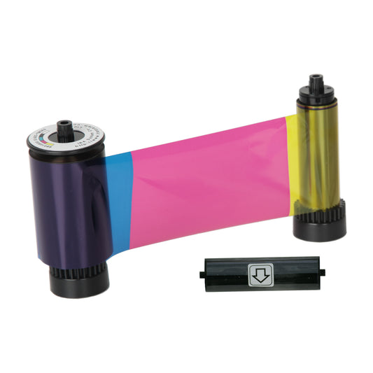 IDP 659863 YMCKO color ribbon roll showing cyan, magenta and yellow panels, with its disposable cleaning roller