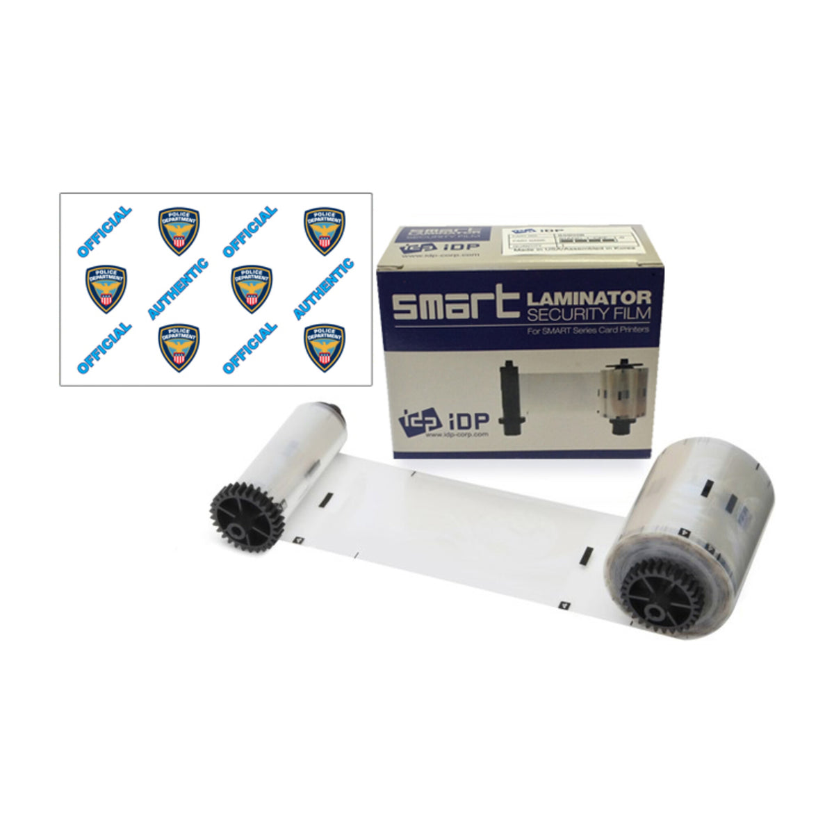 IDP 659Q63 Official Police hologram patch laminate roll with a sample of the police shield and OFFICIAL design and a SMART Laminator Security Film box