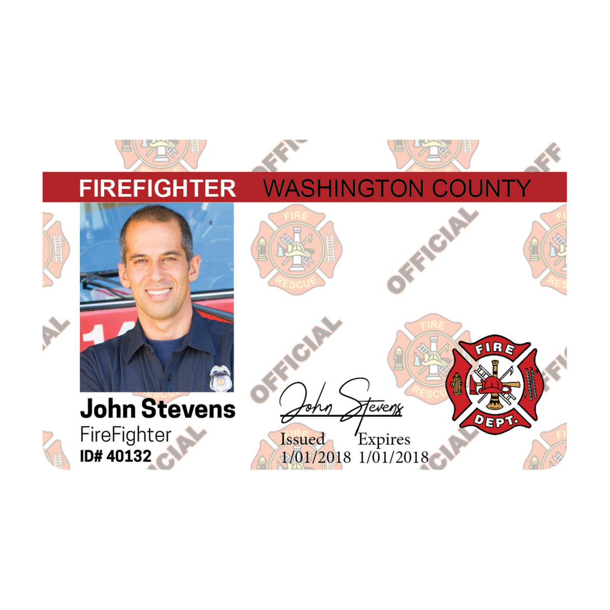 Sample firefighter ID card showing the Official Fire/Rescue hologram design of fire emblems and the word OFFICIAL