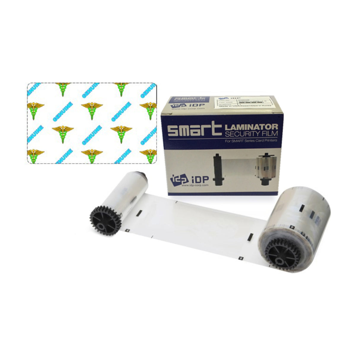 IDP 659W26 Genuine Medical hologram patch laminate roll with a sample of the caduceus and GENUINE design and a SMART Laminator Security Film box