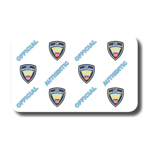 IDP Law Enforcement hologram design: repeating blue Law Enforcement shields with the words OFFICIAL and AUTHENTIC