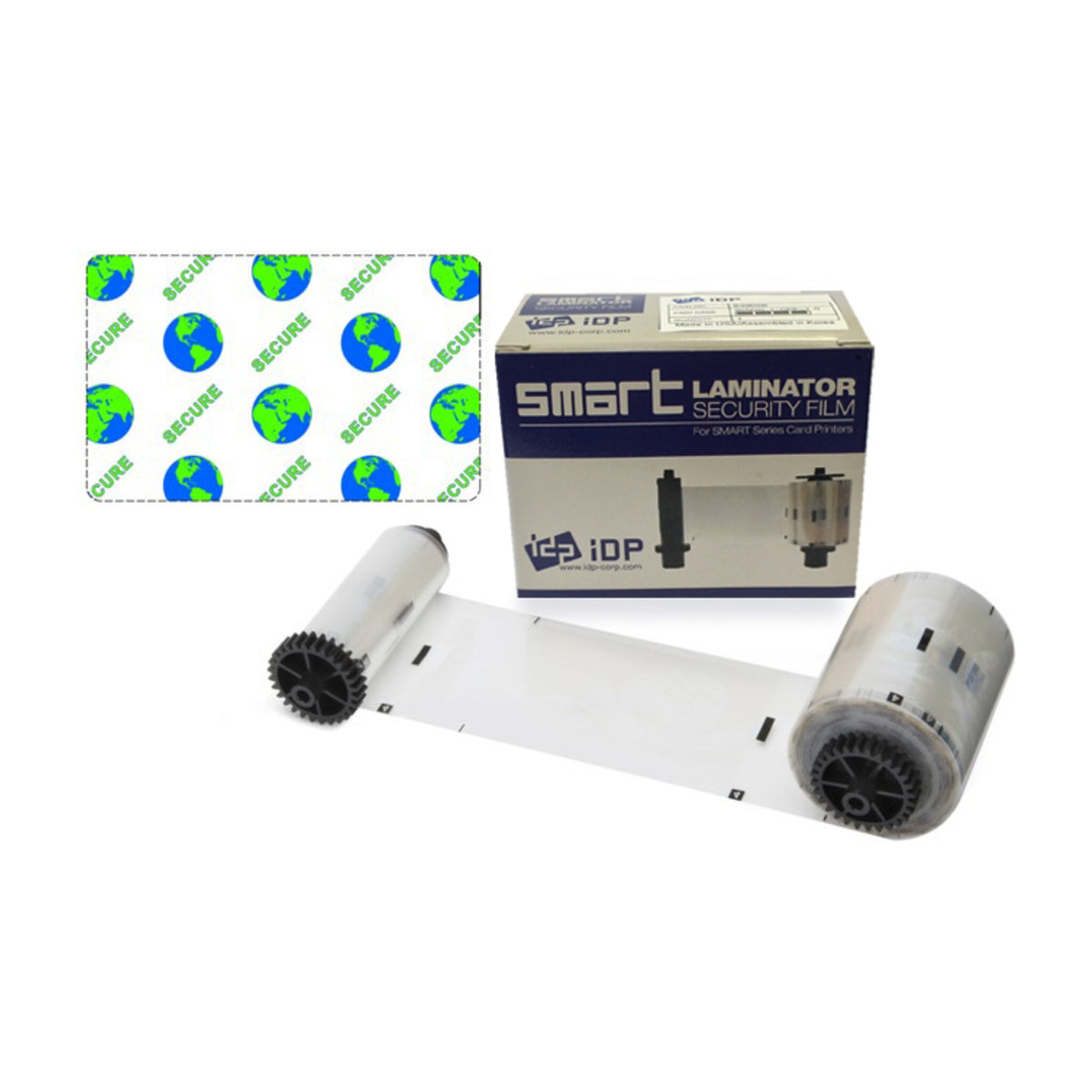 IDP Secure Globe hologram laminate roll with a sample of the repeating globe and SECURE front design, and a SMART Laminator Security Film box