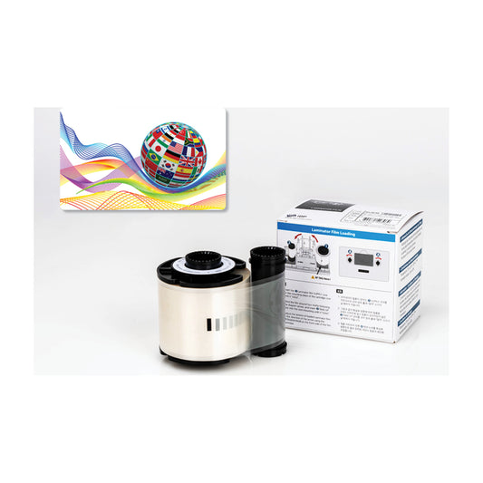 IDP Globe Flags hologram laminate roll and box for the SMART-81L, with a sample card showing the globe of flags design