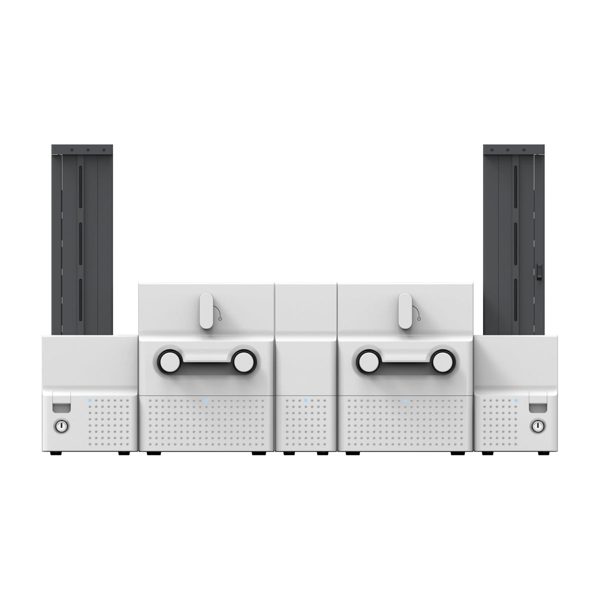 SMART-70DLO from straight on, showing the tall input hopper on the left and the 500-card output hopper on the right