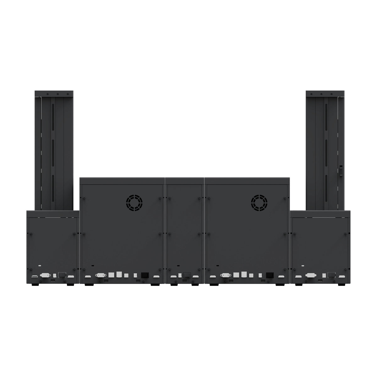 Rear of the SMART-70DLO system, showing each module's ports and the printer's cooling fan