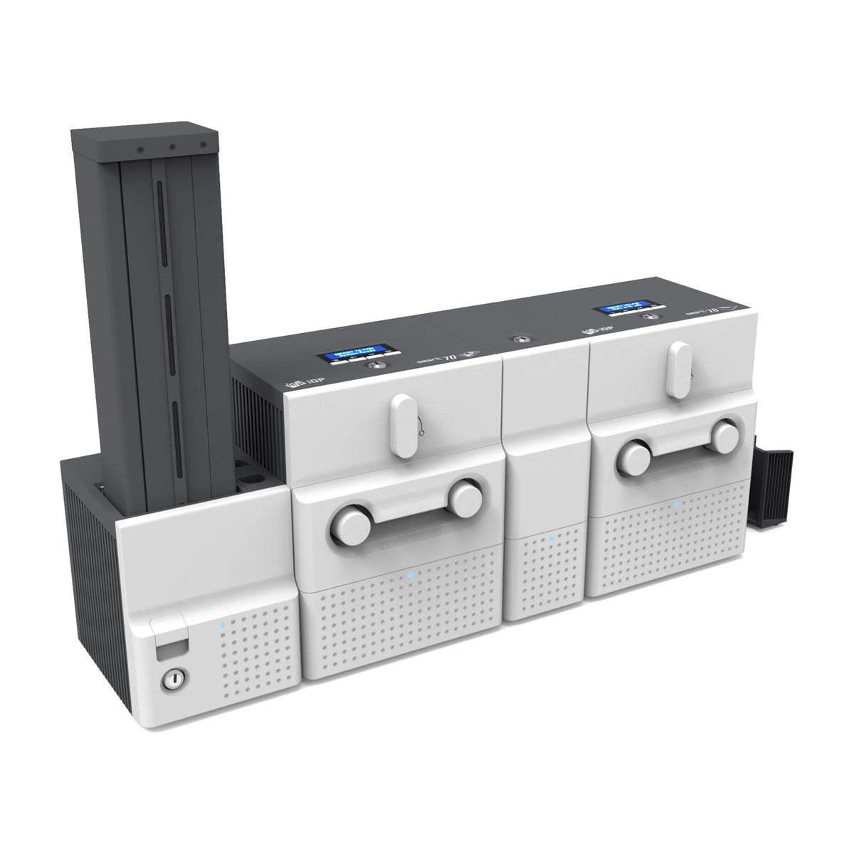 IDP SMART-70DL system seen from the front left: 500-card input hopper, printer module, hybrid flipper, laminator module and exit box lined up left to right