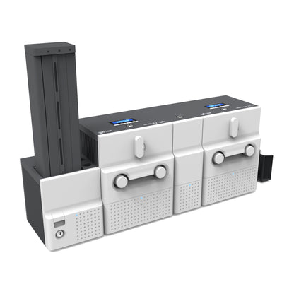 IDP SMART-70DL system seen from the front left: 500-card input hopper, printer module, hybrid flipper, laminator module and exit box lined up left to right