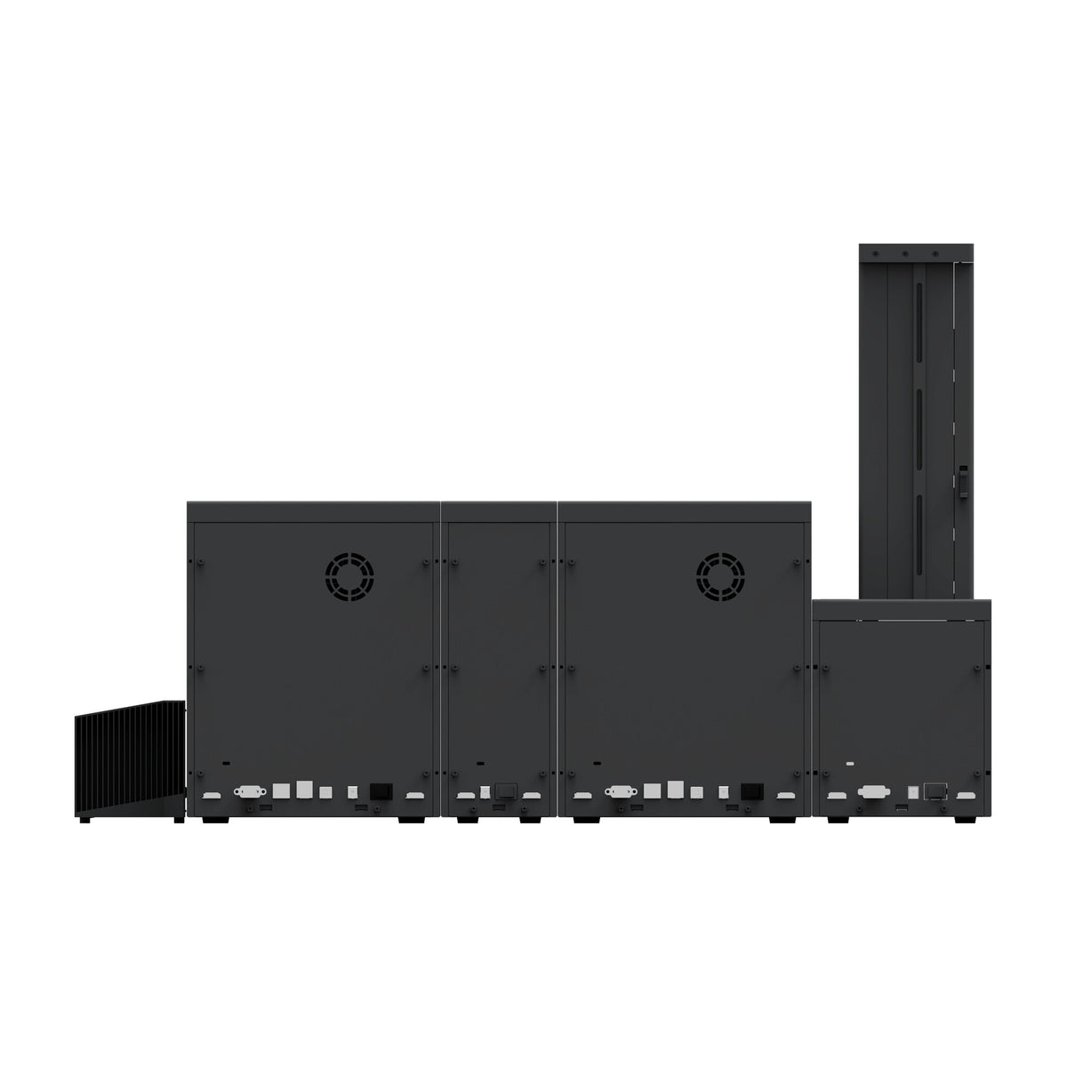 Rear of the SMART-70DL system, showing each module's ports and the printer's cooling fan