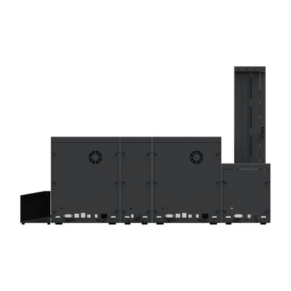 Rear of the SMART-70DL system, showing each module's ports and the printer's cooling fan