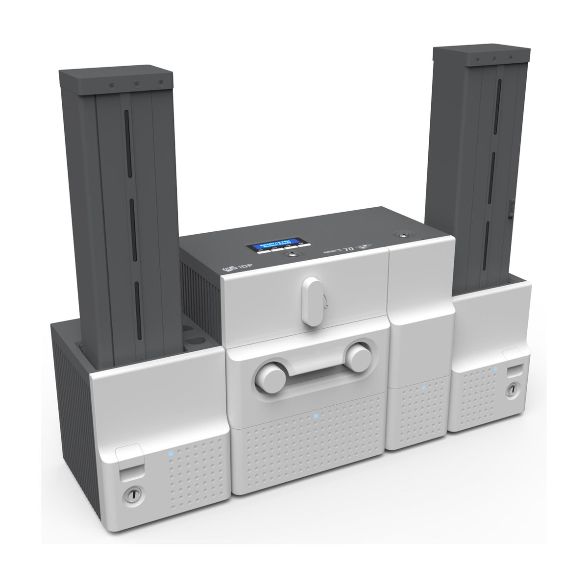 IDP SMART-70DO system seen from the front left: 500-card input hopper, printer module, hybrid flipper and 500-card output hopper lined up left to right