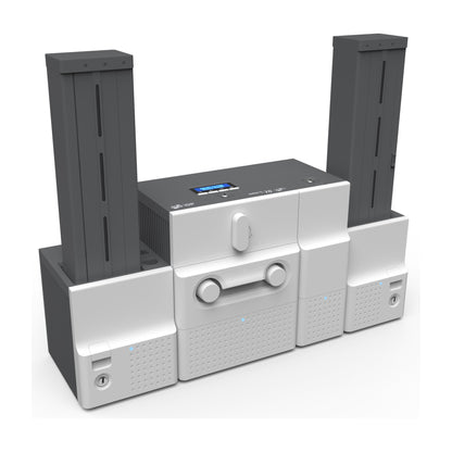 IDP SMART-70DO system seen from the front left: 500-card input hopper, printer module, hybrid flipper and 500-card output hopper lined up left to right