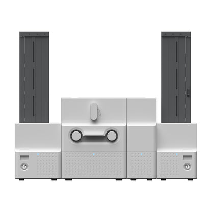 SMART-70DO from straight on, showing the tall input hopper on the left and the 500-card output hopper on the right