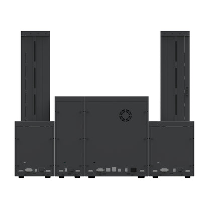 Rear of the SMART-70DO system, showing each module's ports and the printer's cooling fan