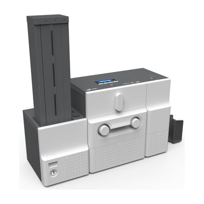 IDP SMART-70D system seen from the front left: 500-card input hopper, printer module, hybrid flipper and exit box lined up left to right