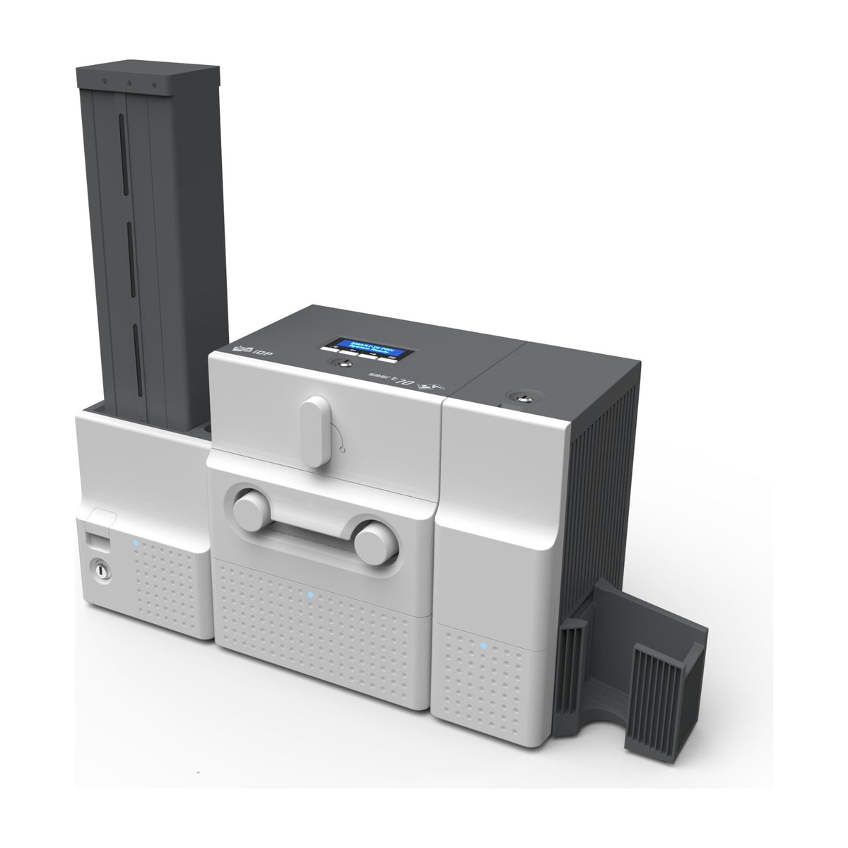 SMART-70D from the front right, with the exit box in the foreground and the printer LCD on top