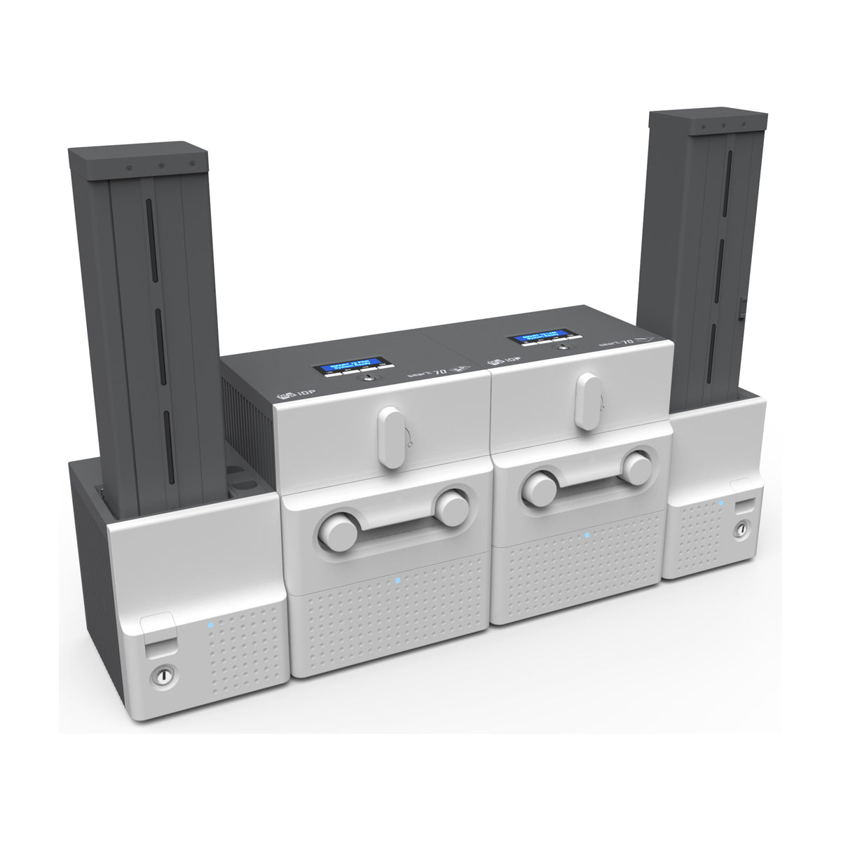 IDP SMART-70SLO system seen from the front left: 500-card input hopper, printer module, laminator module and 500-card output hopper lined up left to right