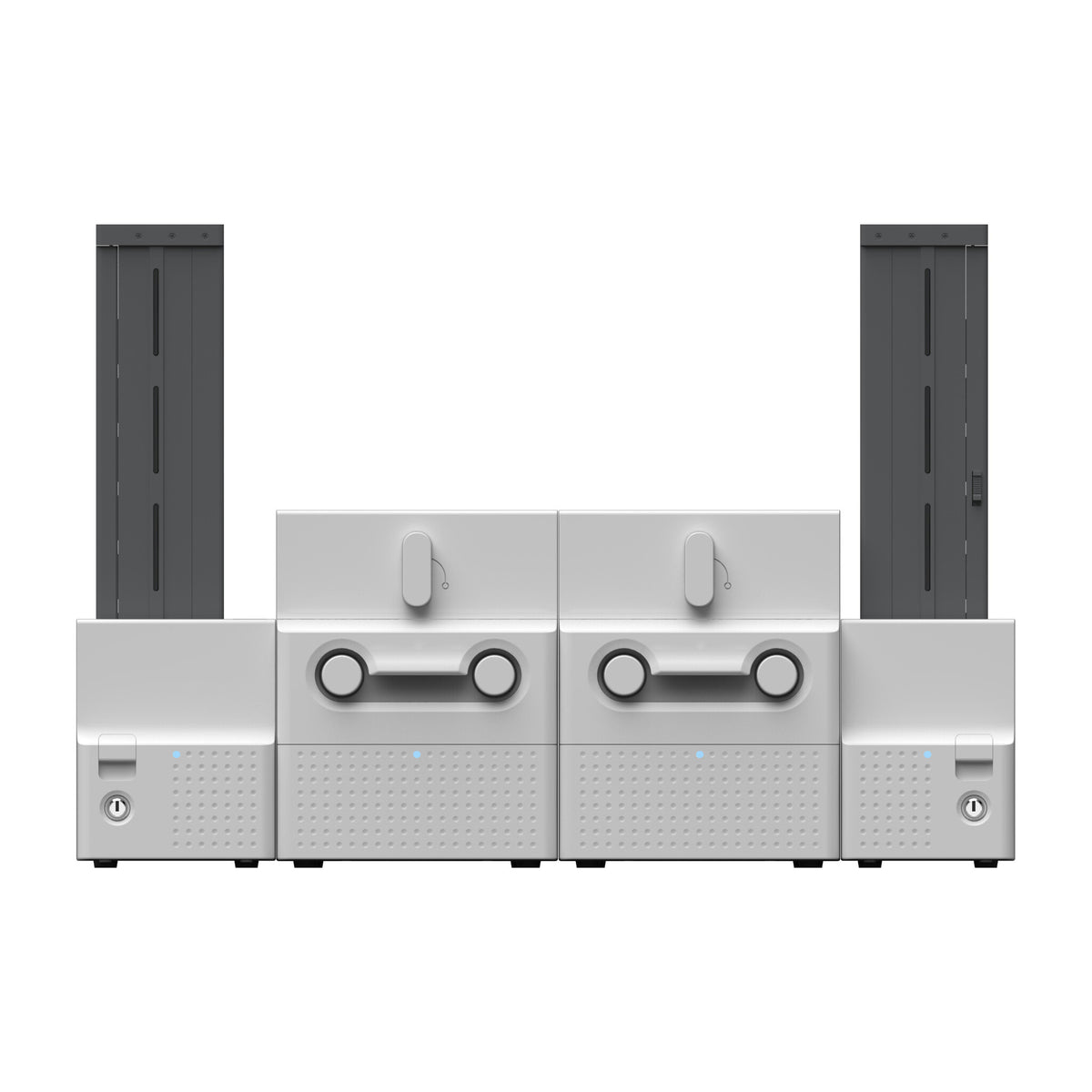 SMART-70SLO from straight on, showing the tall input hopper on the left and the 500-card output hopper on the right