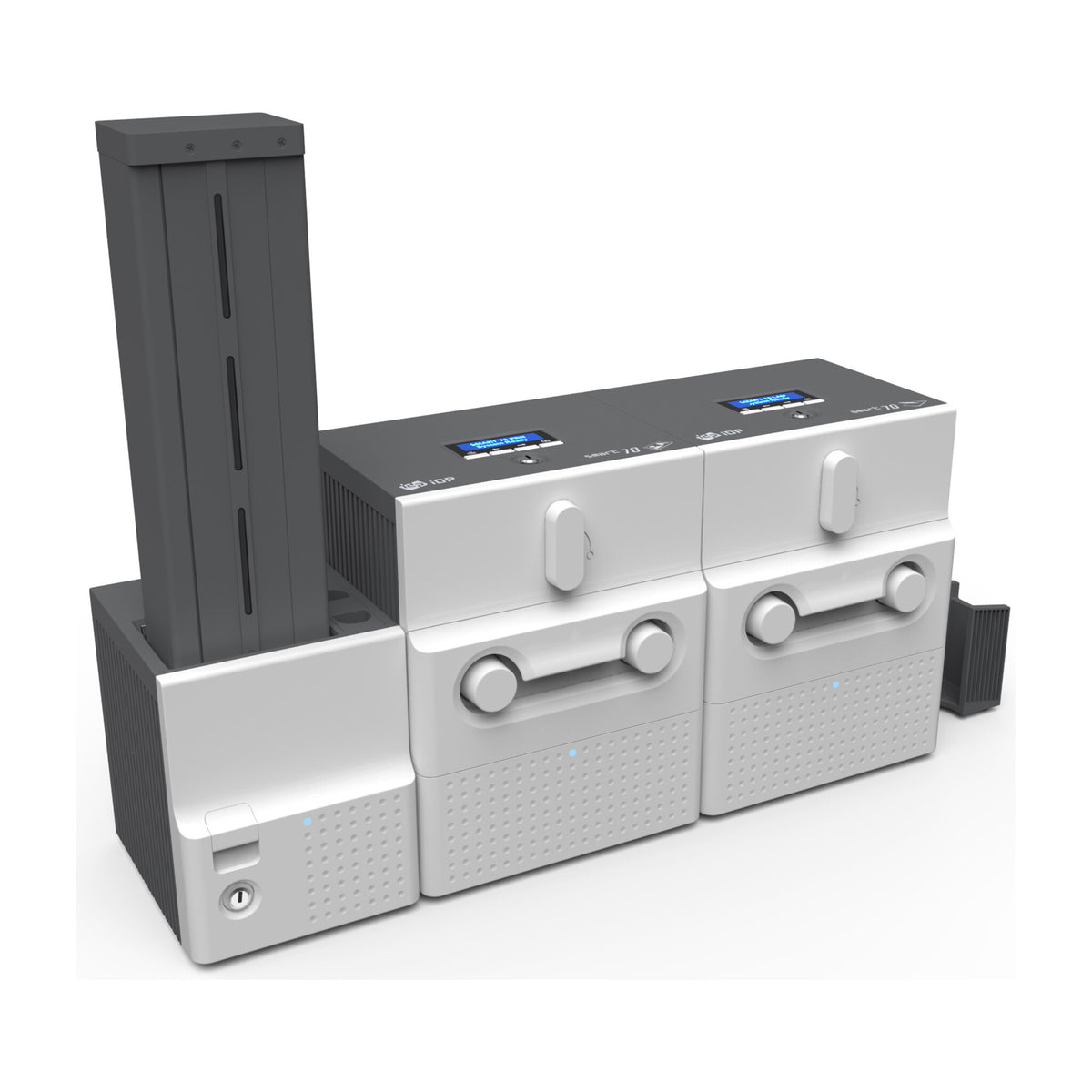 IDP SMART-70SL system seen from the front left: 500-card input hopper, printer module, laminator module and exit box lined up left to right
