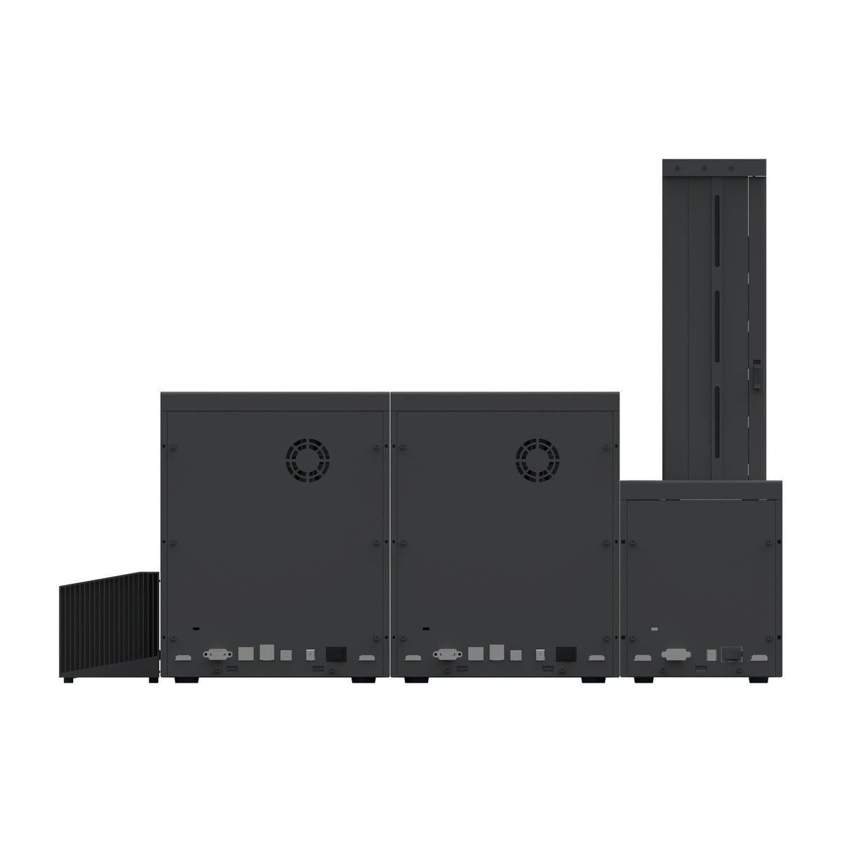 Rear of the SMART-70SL system, showing each module's ports and the printer's cooling fan
