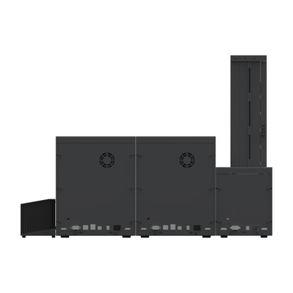 Rear of the SMART-70SL system, showing each module's ports and the printer's cooling fan