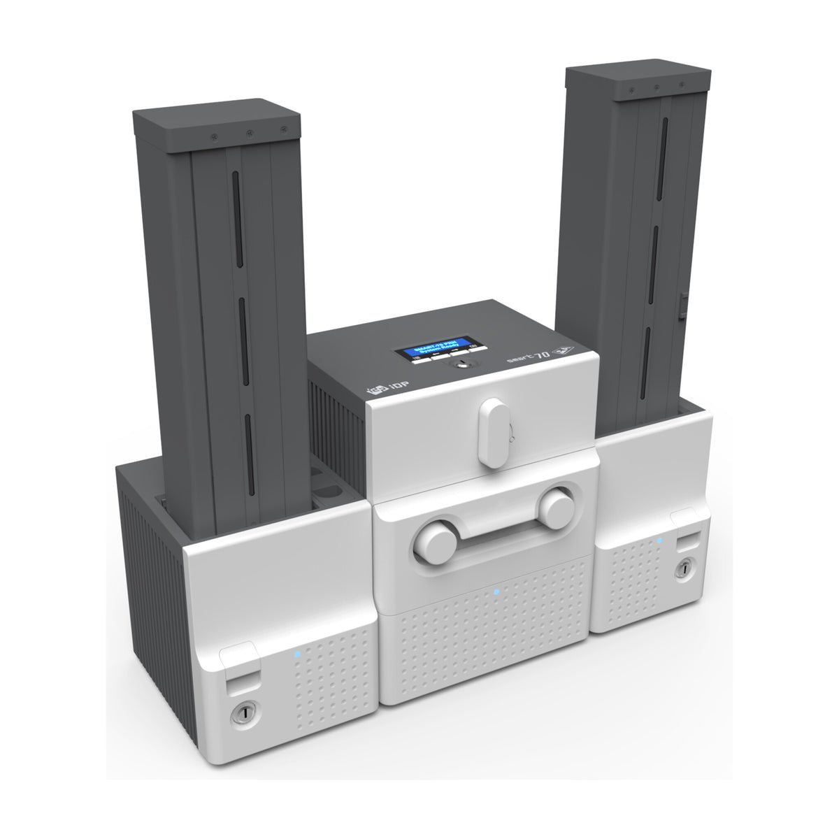 IDP SMART-70SO system seen from the front left: 500-card input hopper, printer module and 500-card output hopper lined up left to right