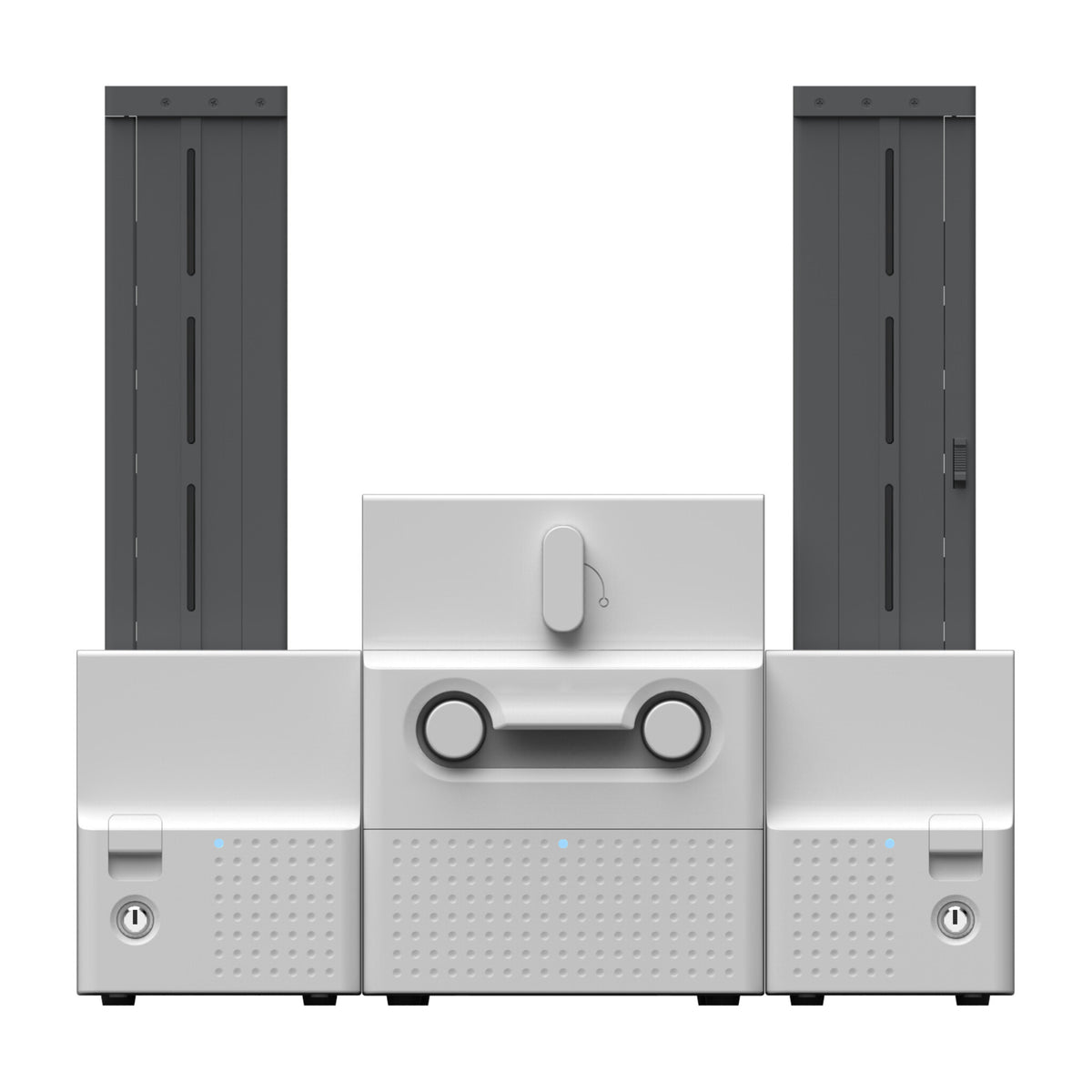 SMART-70SO from straight on, showing the tall input hopper on the left and the 500-card output hopper on the right