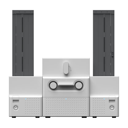 SMART-70SO from straight on, showing the tall input hopper on the left and the 500-card output hopper on the right