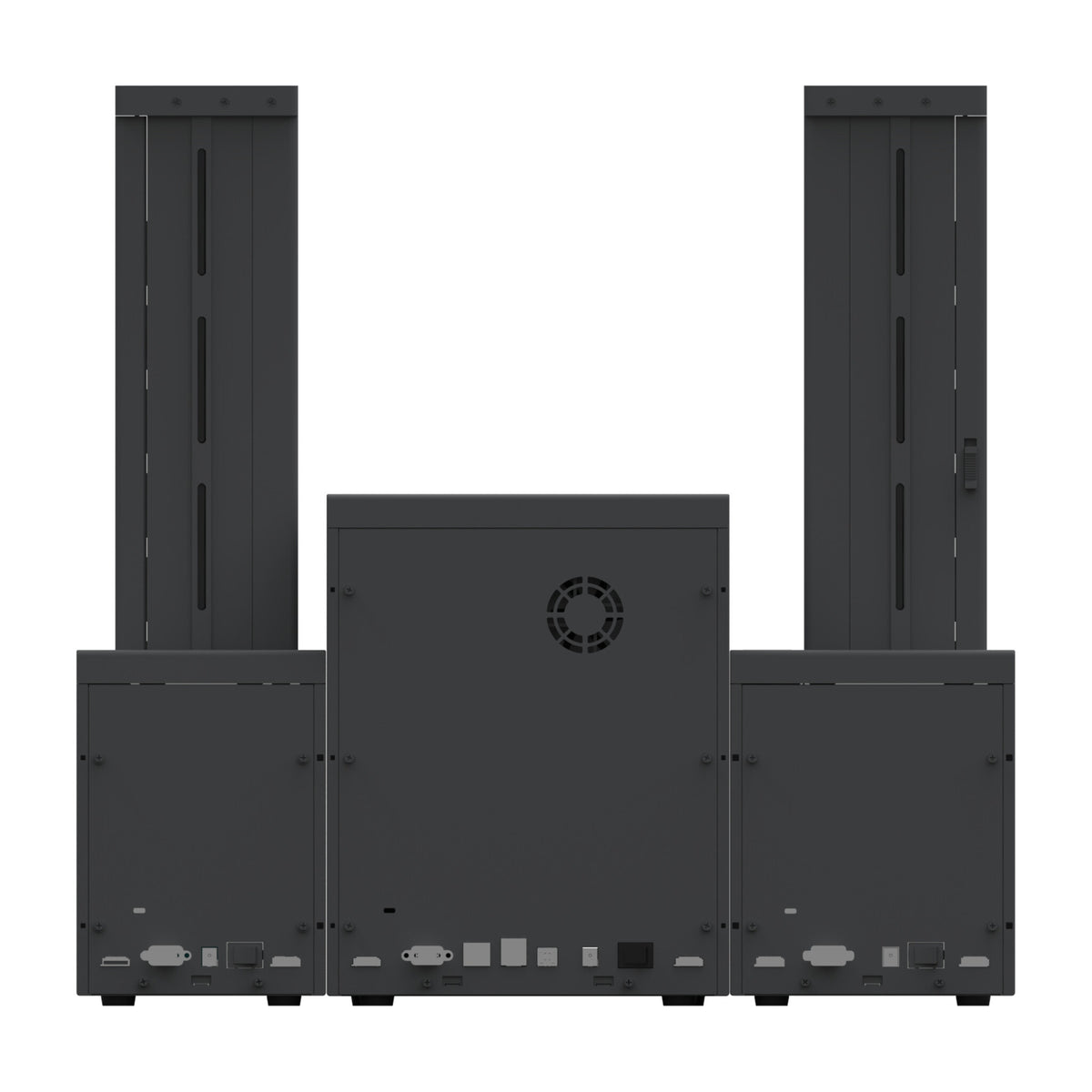 Rear of the SMART-70SO system, showing each module's ports and the printer's cooling fan