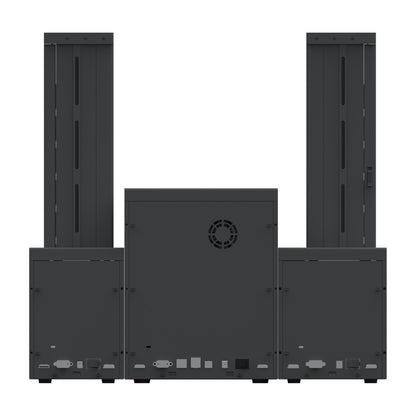 Rear of the SMART-70SO system, showing each module's ports and the printer's cooling fan