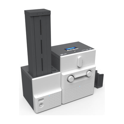 IDP SMART-70S system seen from the front left: 500-card input hopper, printer module and exit box lined up left to right
