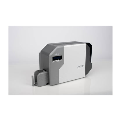 SMART-81DS from the front left on a white table, with the card output stacker attached at the lower left