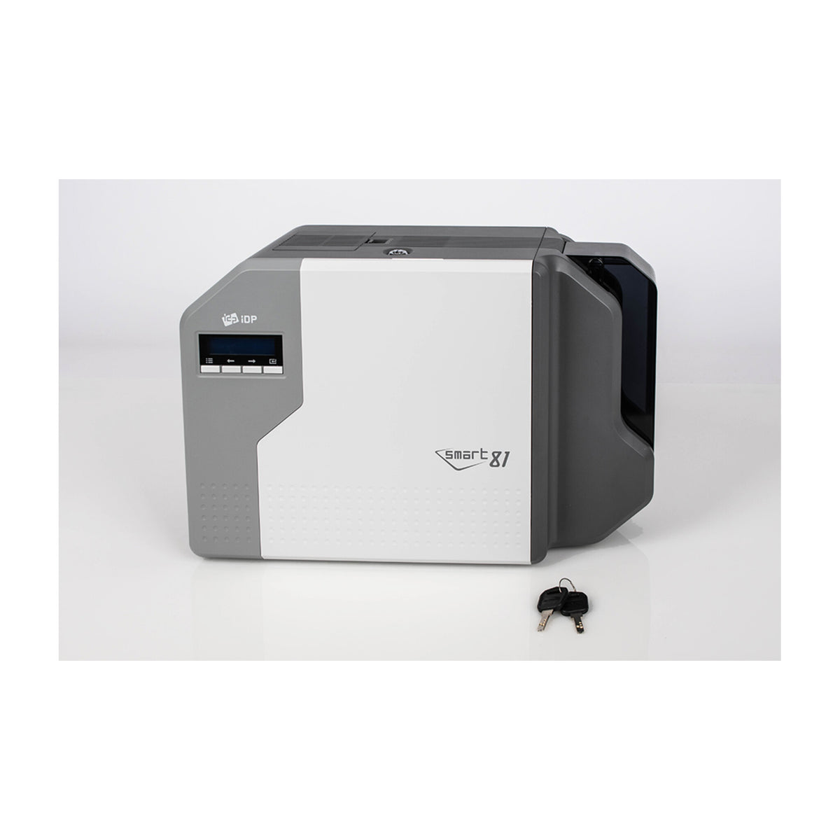 SMART-81 secure dual-sided printer on a gray backdrop with two lock keys on the table in front of it