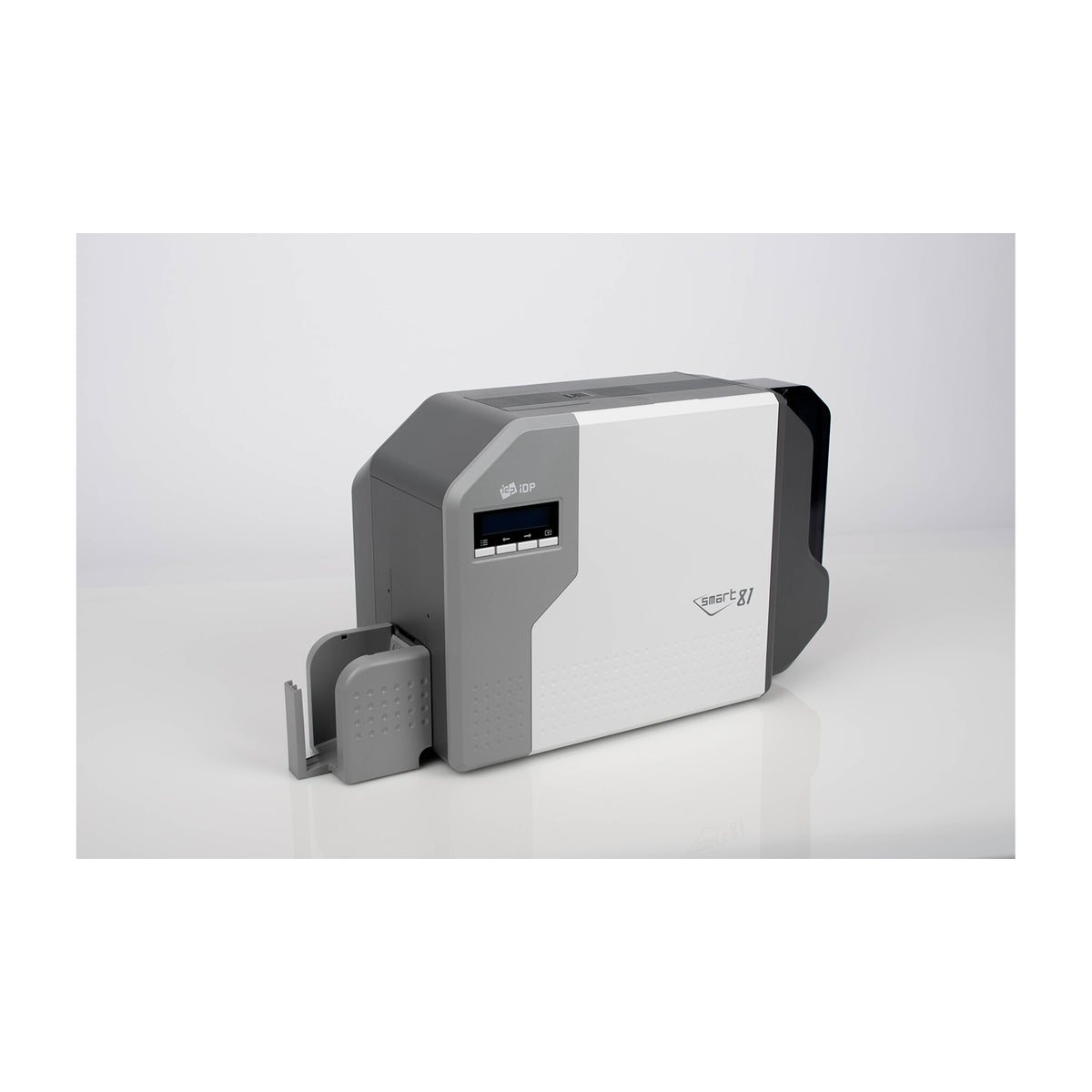 SMART-81HDS from the front left on a white table, with the card output stacker attached at the lower left