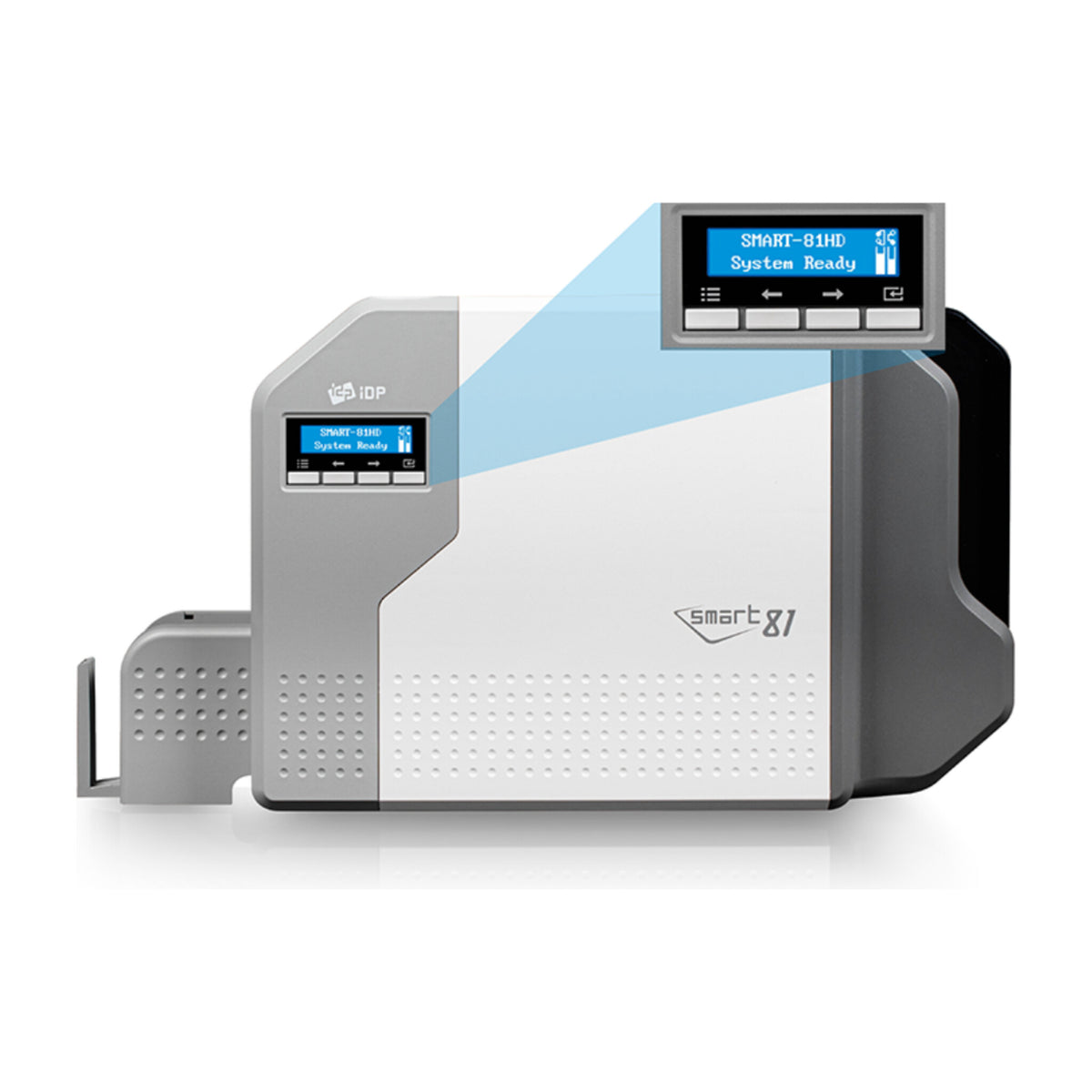 IDP SMART-81 high-resolution retransfer card printer from the front, with an enlarged callout of the LCD showing System Ready
