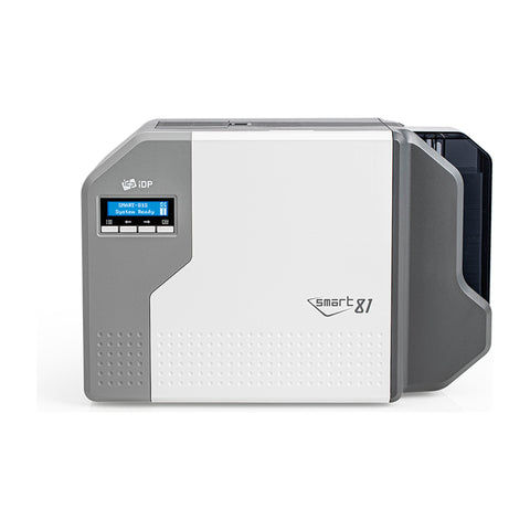 IDP SMART-81S retransfer card printer from the front, its LCD reading SMART-81S System Ready