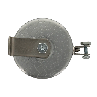 Close-up view of the Key-Bak #481LS-HD Mountable Retractable Reel with a steel cable and L bracket, secured with a hex nut yoke, designed for industrial applications. Sold by Specialist ID.