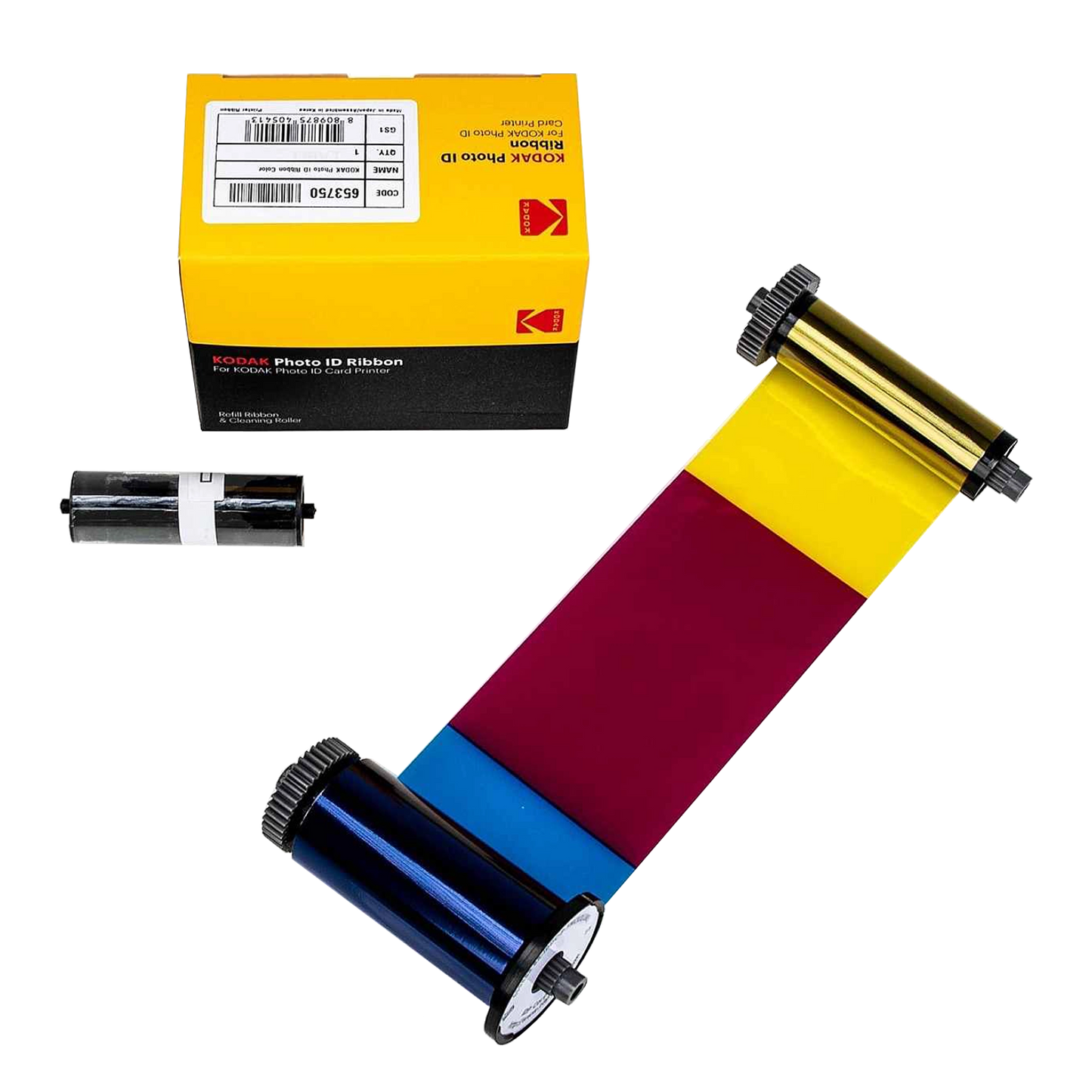 The Kodak photo ID ribbon, featuring YMCKO color panels and a black spool, is showcased next to its packaging box. This KODAK 653750 Photo ID Color Ribbon for KODAK ID100S and ID200S Card Printers (YMCKO, 100 prints) is designed for use with these printers. Sold by Specialist ID.
