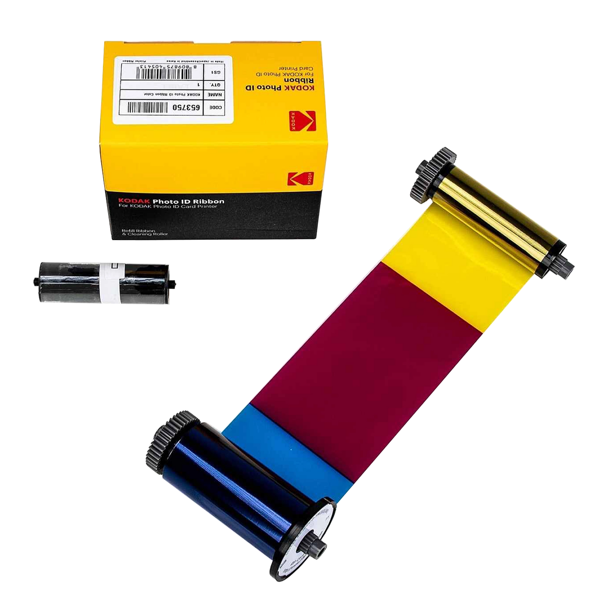 The Kodak photo ID ribbon, featuring YMCKO color panels and a black spool, is showcased next to its packaging box. This KODAK 653750 Photo ID Color Ribbon for KODAK ID100S and ID200S Card Printers (YMCKO, 100 prints) is designed for use with these printers. Sold by Specialist ID.