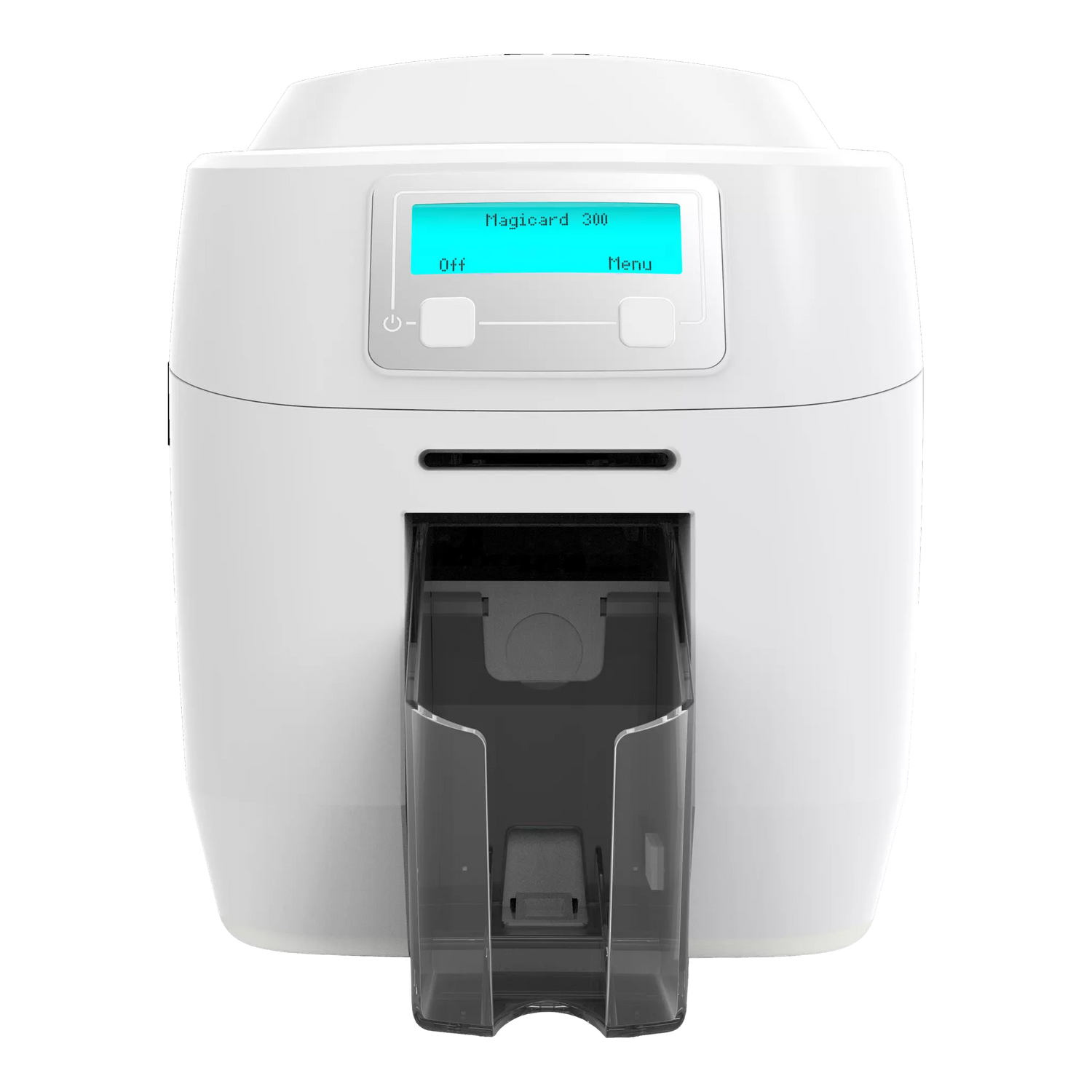 The MAGICARD 300 ID Card Printer offers a digital display, advanced ID card printing, a sleek card slot, control buttons, and a Holokote Watermark System for enhanced security and quality.