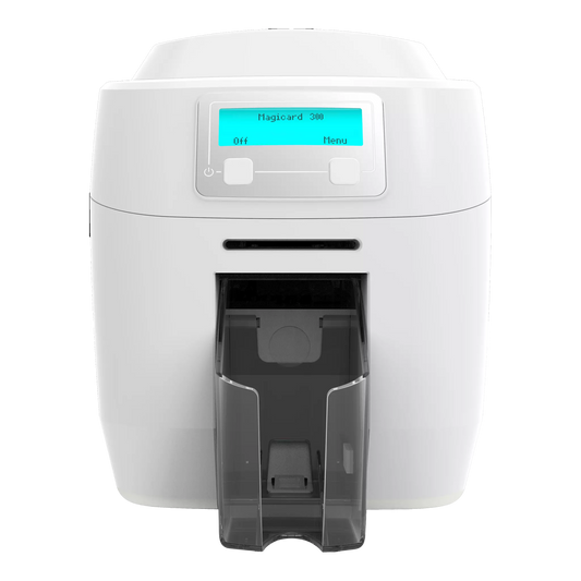 The MAGICARD 300 ID Card Printer offers a digital display, advanced ID card printing, a sleek card slot, control buttons, and a Holokote Watermark System for enhanced security and quality.