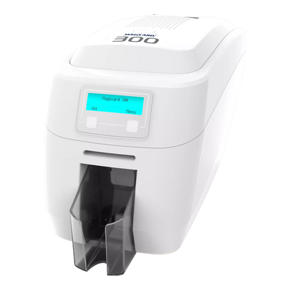 The MAGICARD 300 ID Card Printer boasts a sleek design, compact digital display, transparent card output tray for efficient printing, and supports the unique Holokote Watermark System for enhanced security.