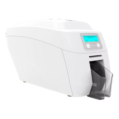 The MAGICARD 300 ID Card Printer, equipped with a digital display and card output tray, optimizes ID card printing efficiency. It offers enhanced security with an optional Holokote Watermark System.
